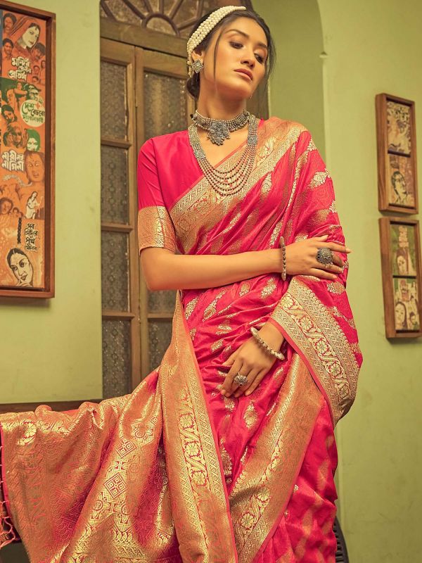 Bridal Pink Woven Saree In Banarasi Silk