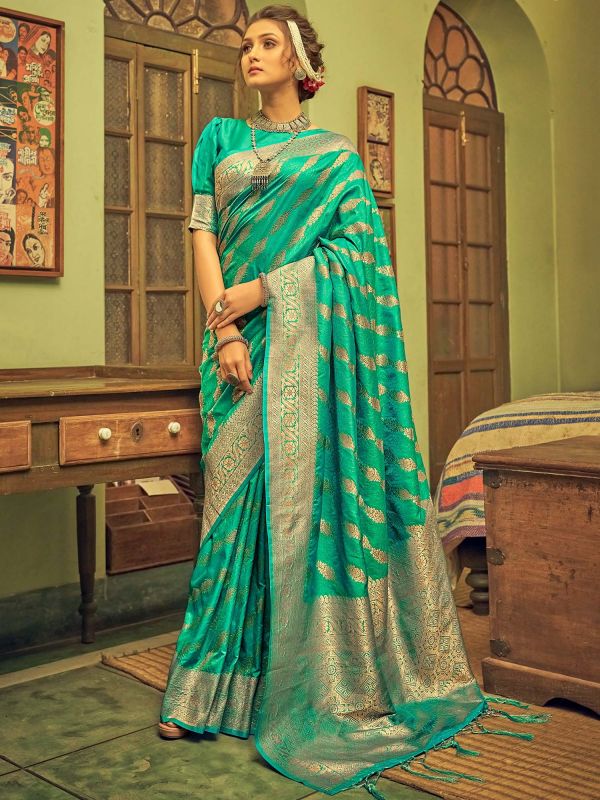 Green Banarasi Silk Saree With Gold Zari Work