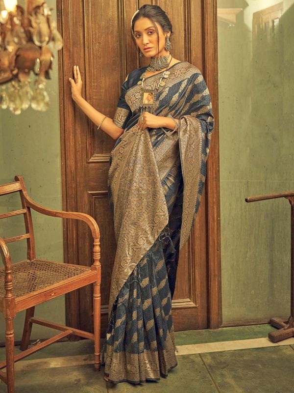Grey Zari Woven Saree In Banarasi Silk