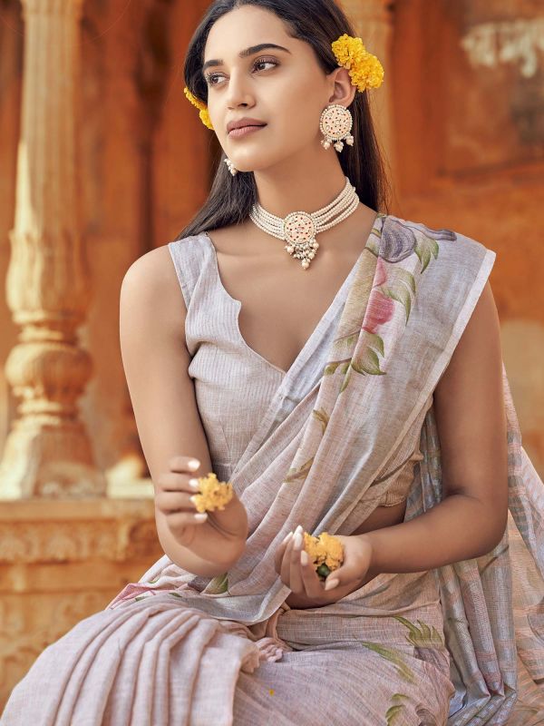 Beige Floral Saree In Linen