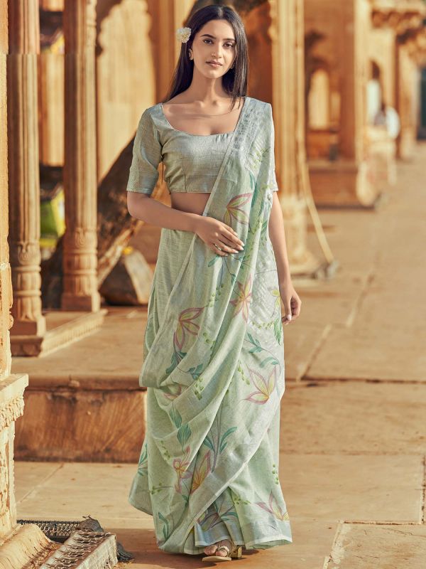 Green Casual Linen Saree With Prints