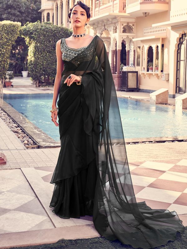 Black Cocktail Embroidered Georgette Saree Online USA