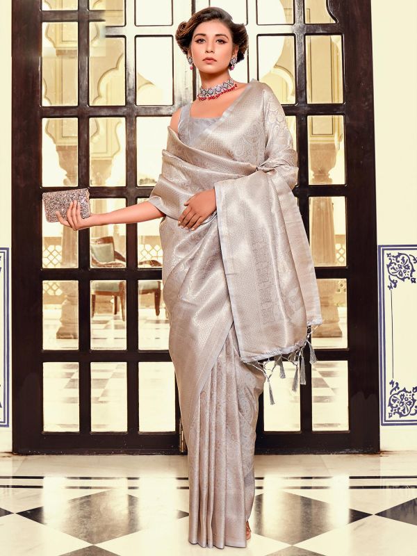 Silver Woven Party Wear Saree In Silk