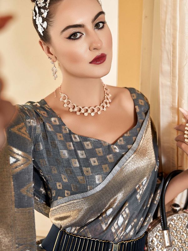 Grey Zari Woven Saree In Art Silk