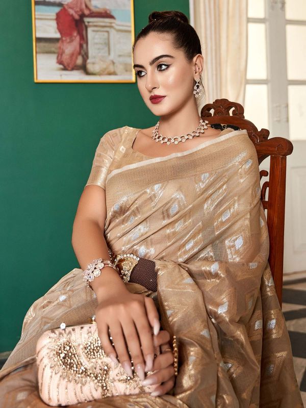 Beige Woven Festive Saree In Art Silk