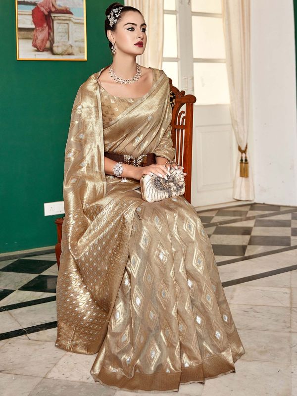 Beige Woven Festive Saree In Art Silk