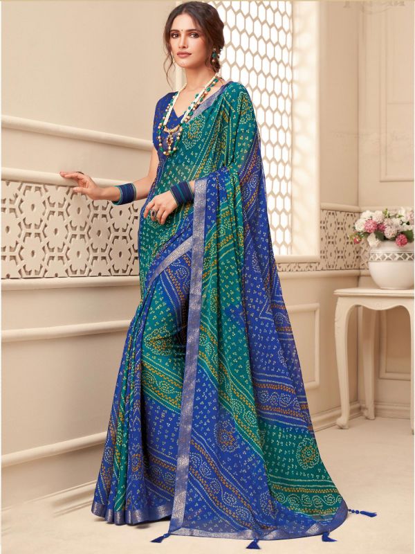 Blue And Green Bandhani Printed Saree
