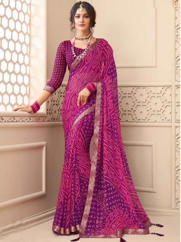 Purple And Pink Festive Bandhej Saree