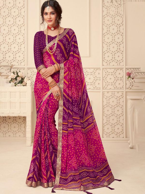 Pink And Purple Bandhani Printed Saree