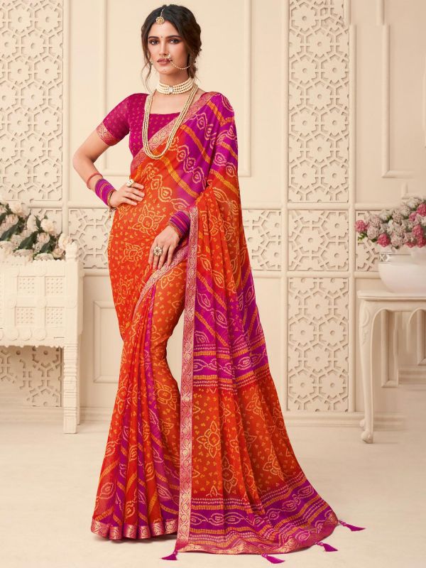 Orange And Pink Chiffon Saree With Bandhani Prints