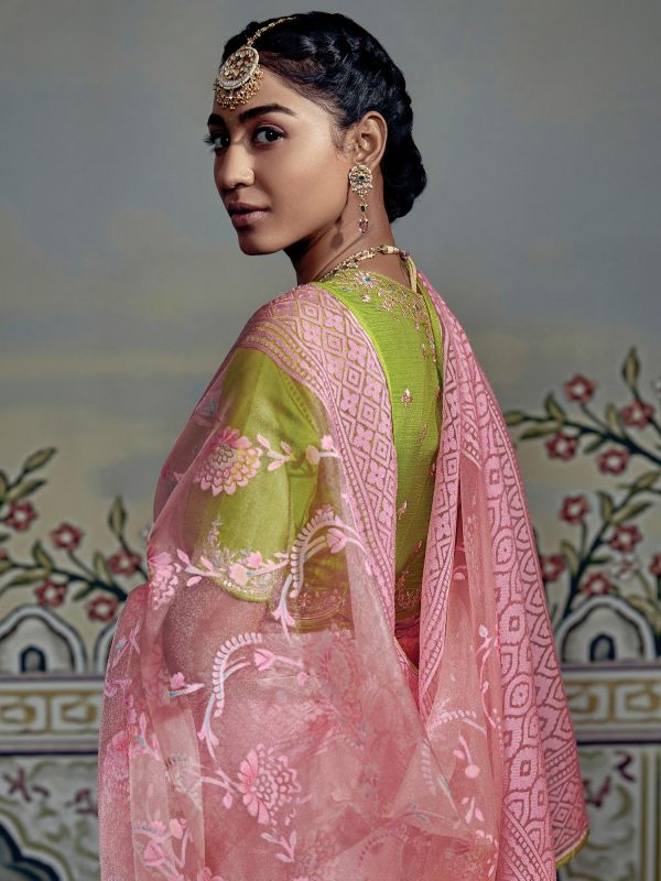 Pink Organza Saree With Embroidered Blouse