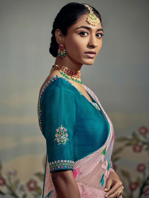 Pink Floral Organza Saree With Embroidered Blouse