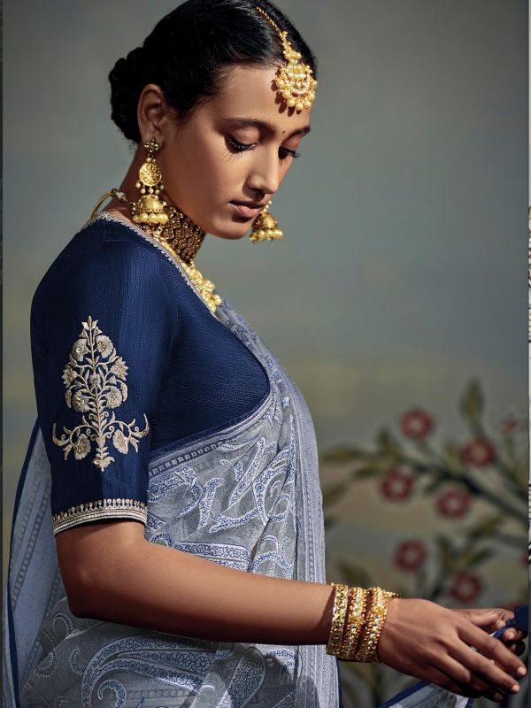 Grey Festive Organza Saree With Embroidered Blouse