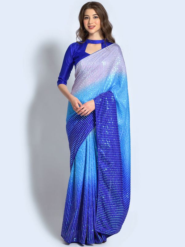 Blue Sequined Party Wear Saree In Georgette