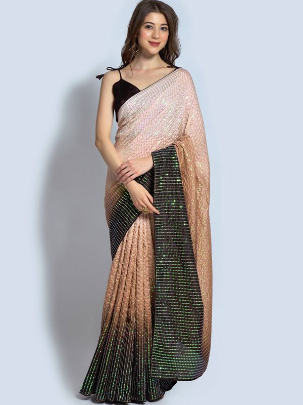 Brown Cocktail Embroidered Saree In Georgette