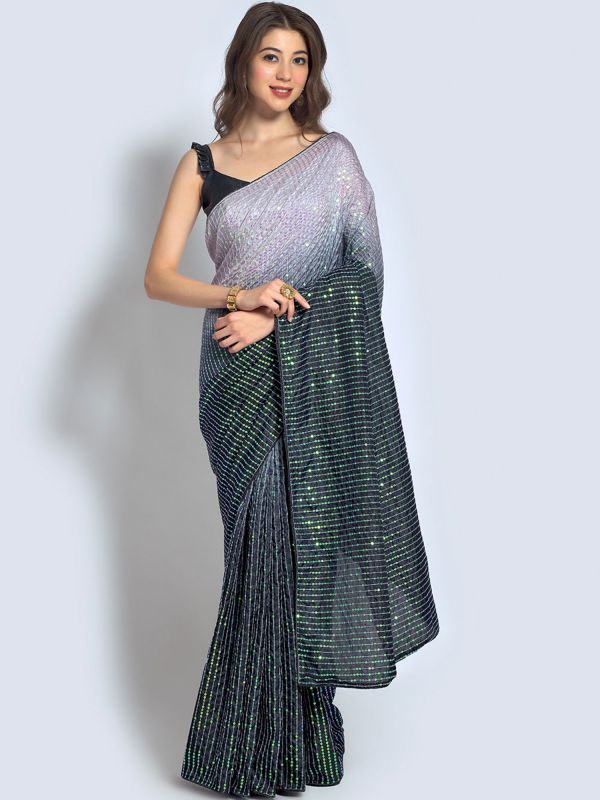 Black And Silver Sequined Saree For Cocktail