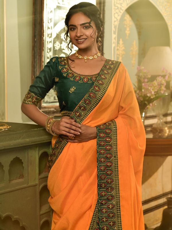 Orange Embroidered Border Festive Saree
