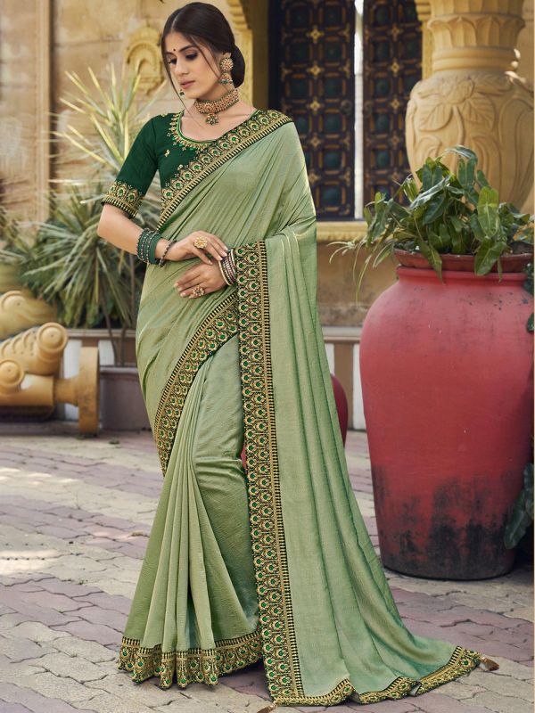 Green Thread Embroidered Saree In Georgette
