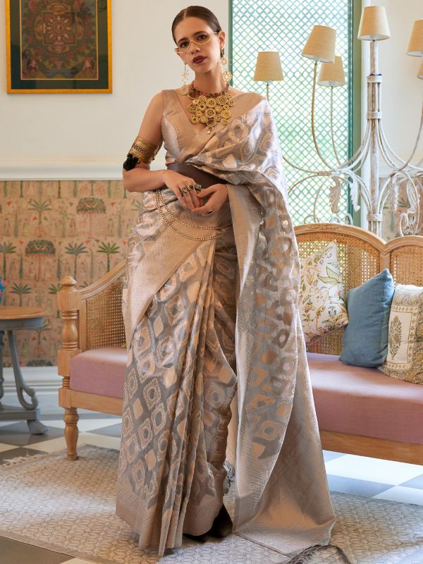 Kalki Koechlin Silver Woven Silk Saree