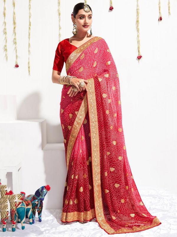 Red Bandhej Printed Saree In Georgette