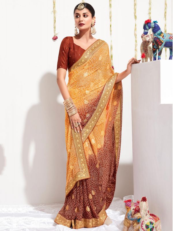 Yellow And Brown Printed Saree In Georgette