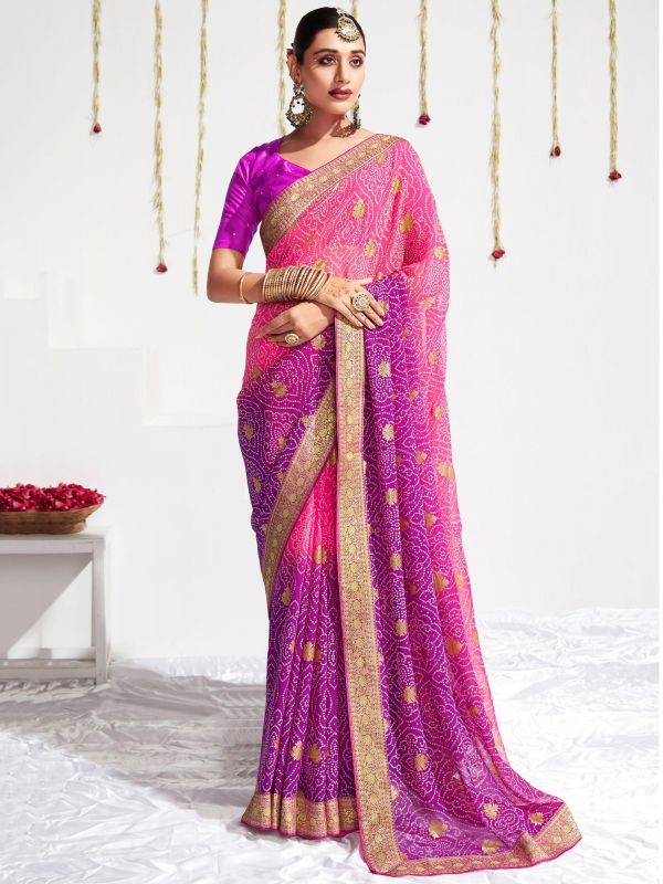 Pink And Purple Bandhani Print Saree In Georgette