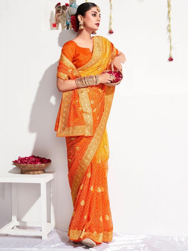 Yellow And Orange Festive Wear Printed Saree