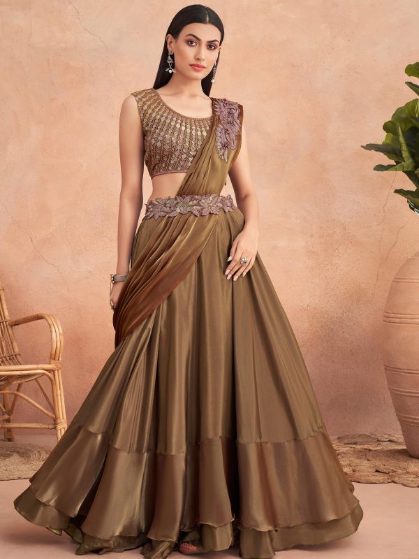 Brown Pre-Draped Saree With Embroidered Blouse