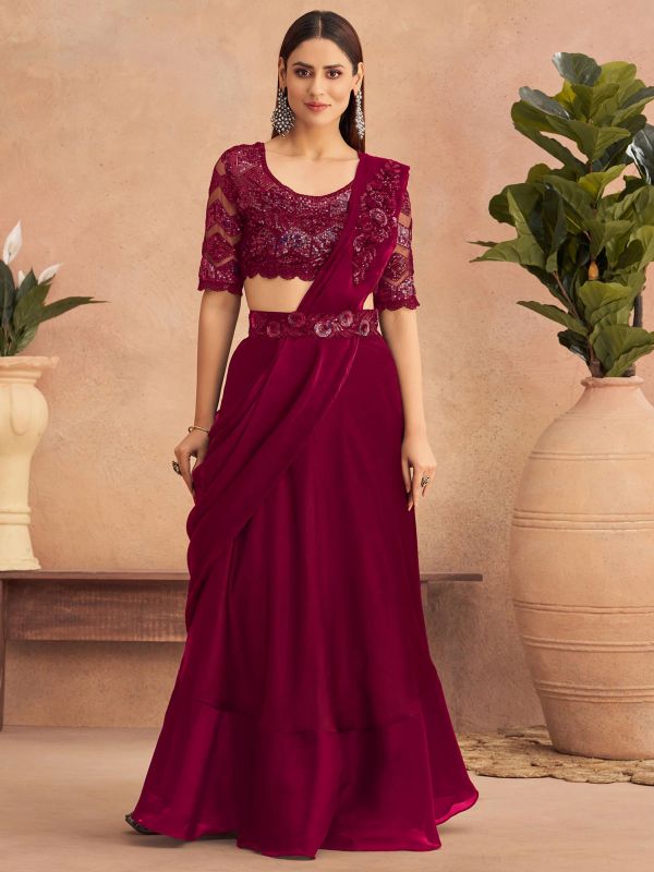 Magenta Party Wear Cocktail Saree With Embroidery