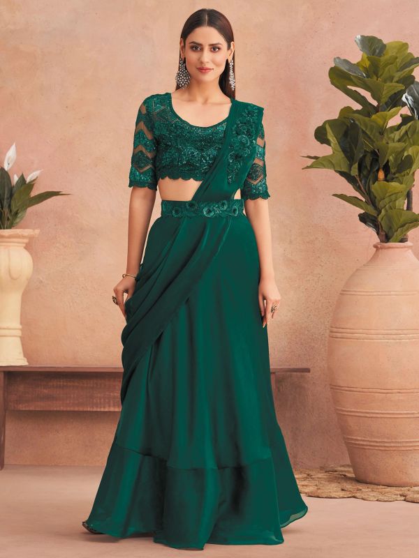 Green Pre-Stitched Saree With Embroidered Blouse