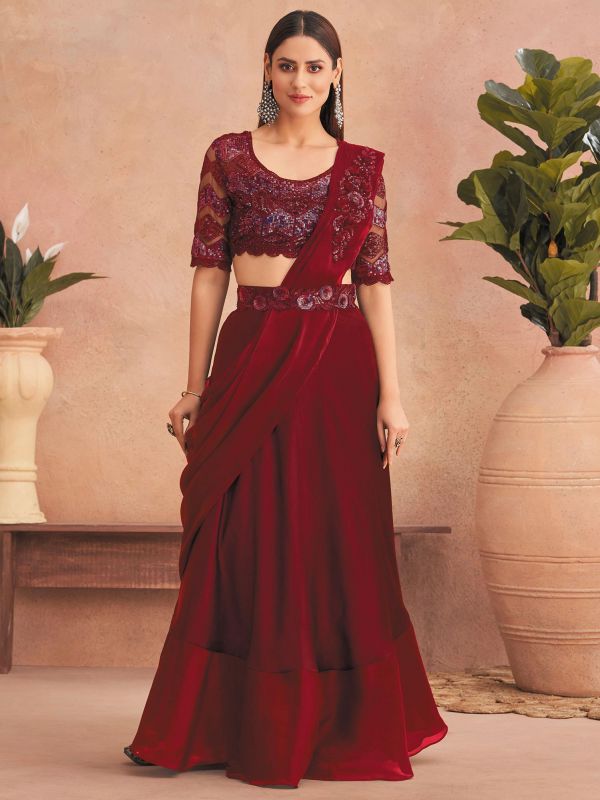Maroon Party Wear Satin Saree With Embroidery