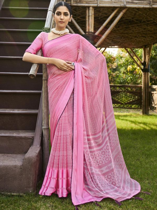 Pink Printed Casual Wear Saree With Blouse