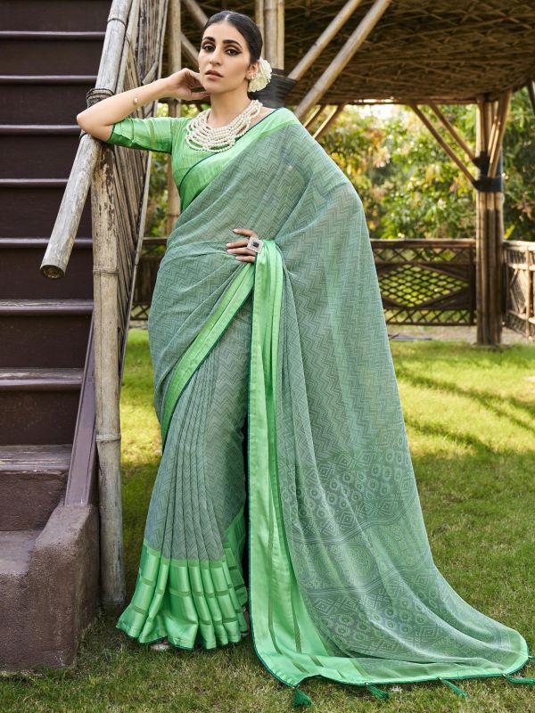 Green Casual Wear Saree With Digital Prints
