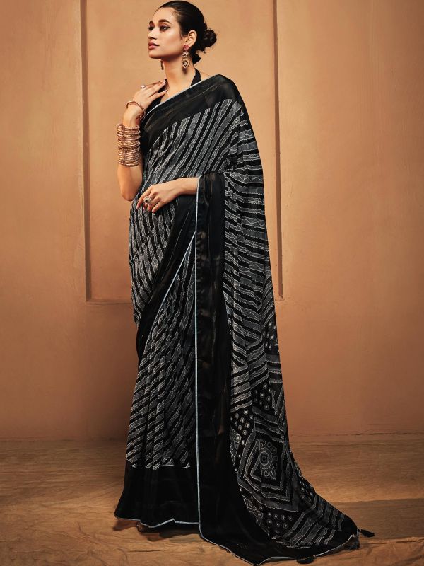 Black Stripes Printed Saree In Georgette