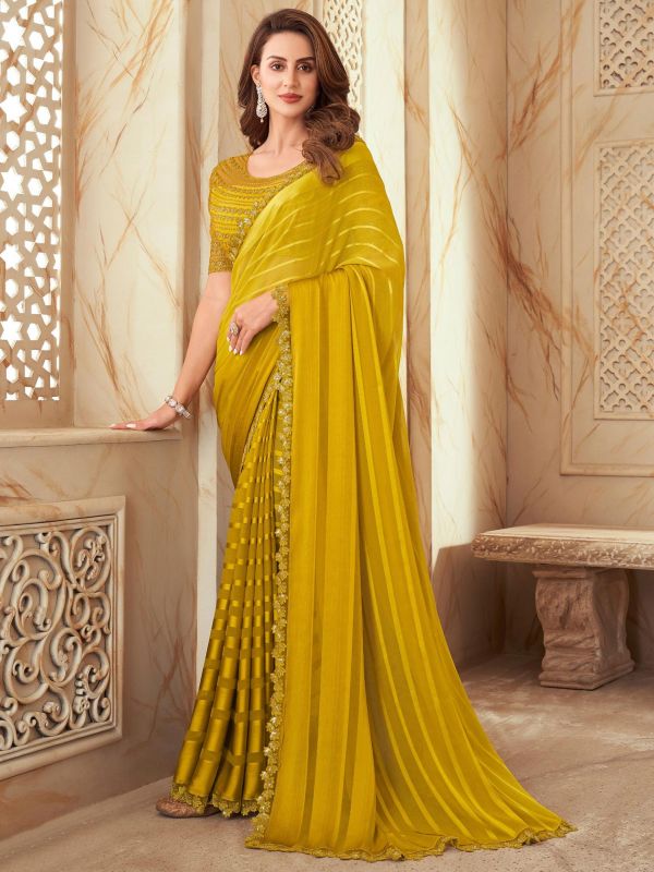 Yellow Silk Party Wear Saree With Embroidery