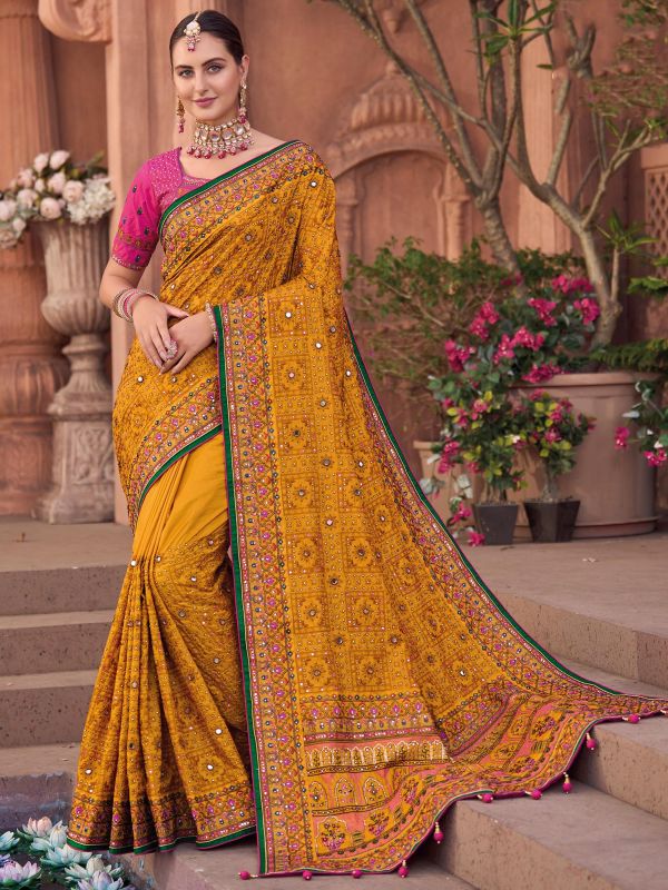 Yellow Embroidered Wedding Wear Saree In Silk
