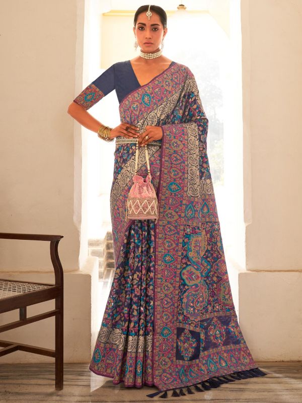 Blue Floral Woven Saree In Pashmina