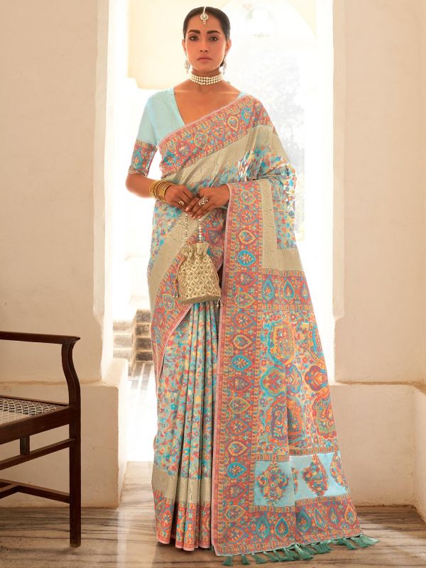 Blue Traditional Saree With Floral Weaves