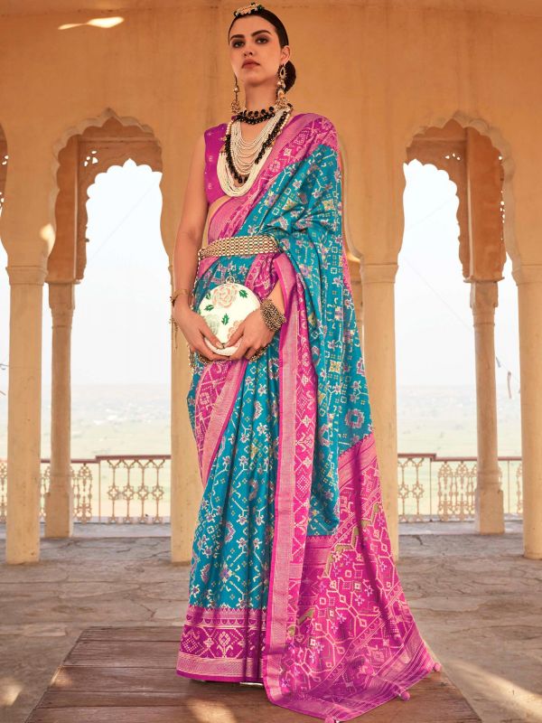Blue Traditional Silk Saree With Patola Prints