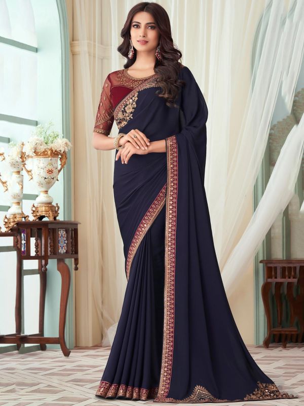 Blue Wedding Wear Saree With Embroidered Border