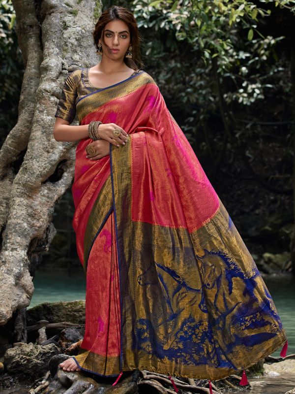 Pink Wedding Wear Woven Saree In Silk
