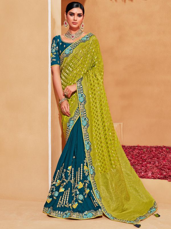Green And Blue Embroidery Half N Half Saree