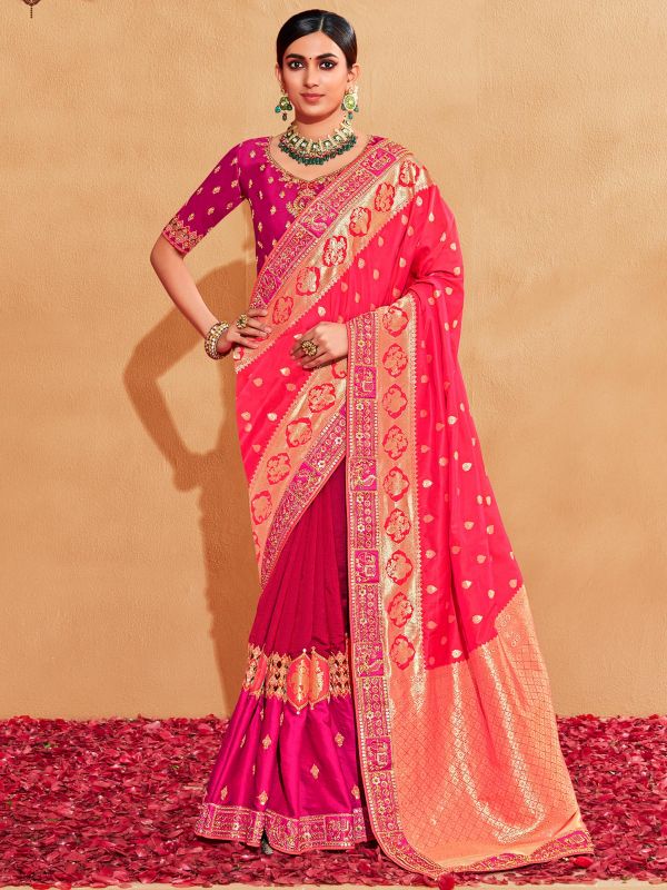 Pink Woven Half N Half Traditional Saree