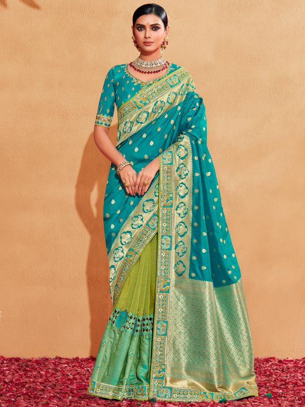 Blue And Green Half N Half Woven Silk Saree