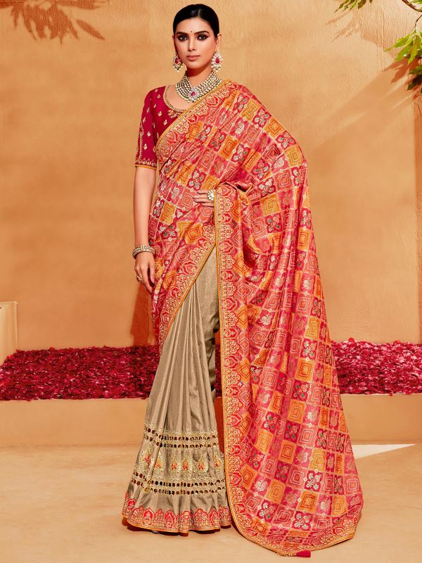 Red And Beige Embroidered Bridal Silk Saree