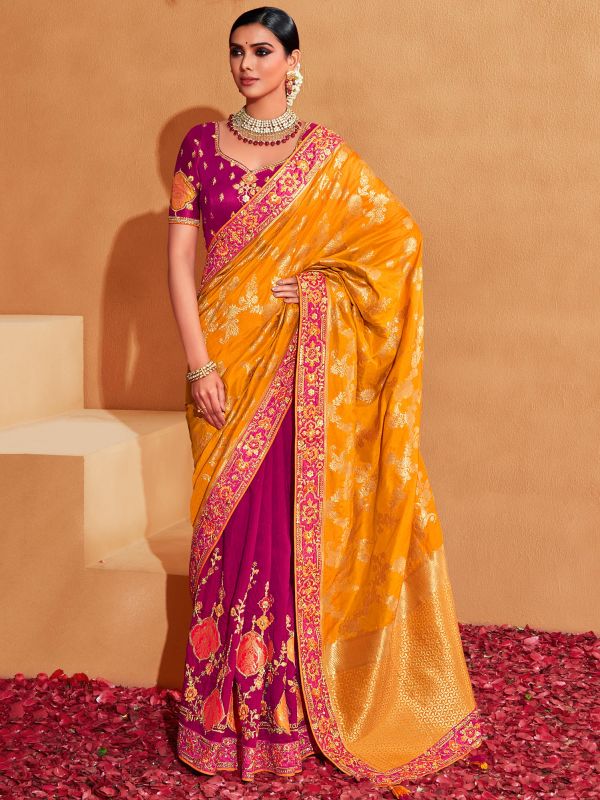Yellow And Pink Embroidered Half N Half Saree