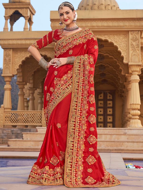 Red Zari Embroidered Bridal Saree in Art Silk