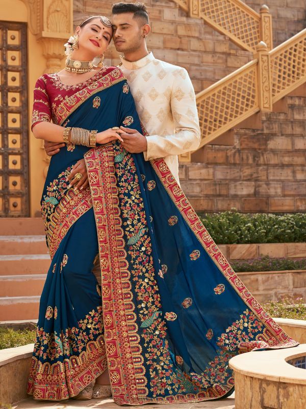 Blue Wedding Wear Saree With Embroidered Borders