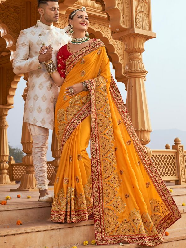 Yellow Bridal Embroidered Saree In Art Silk