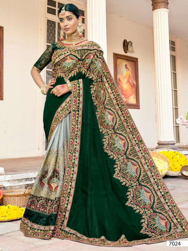 Green And Silver Half N Half Embroidered Saree